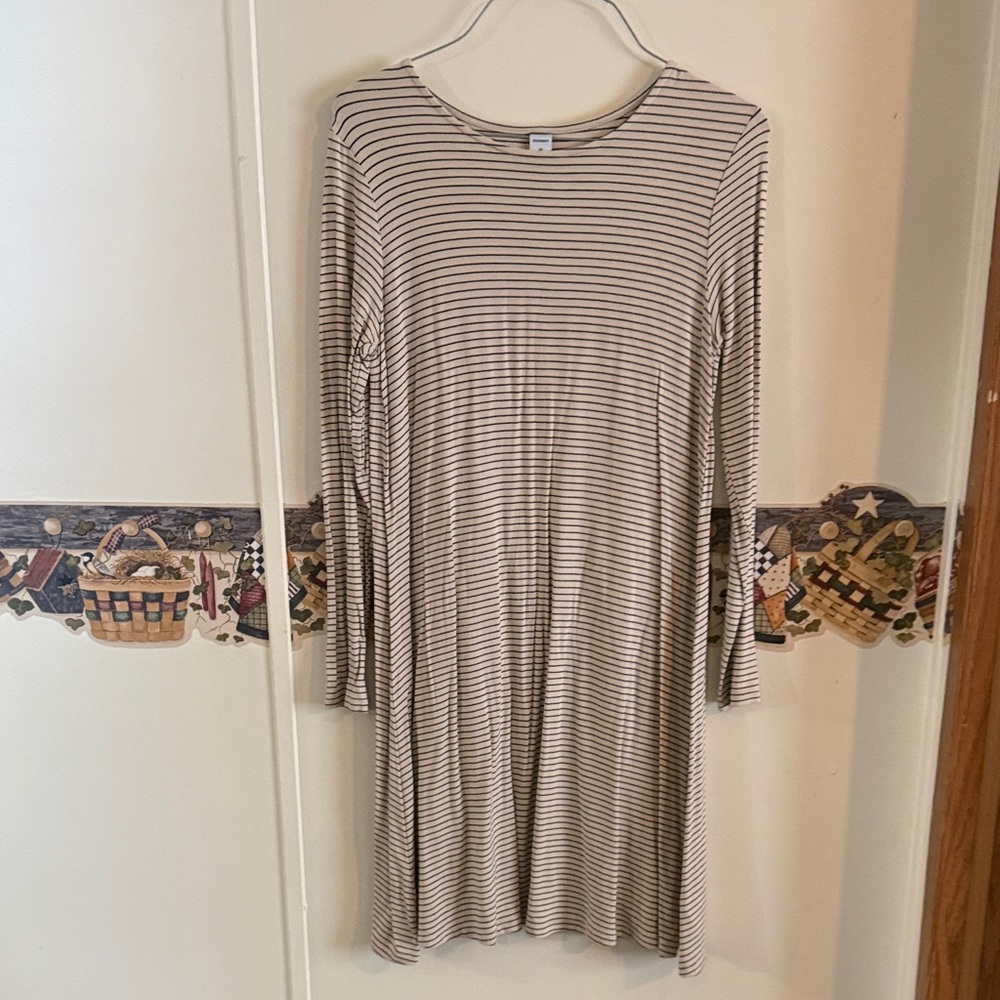 Old Navy Beige and Black Striped Long Sleeve Dress